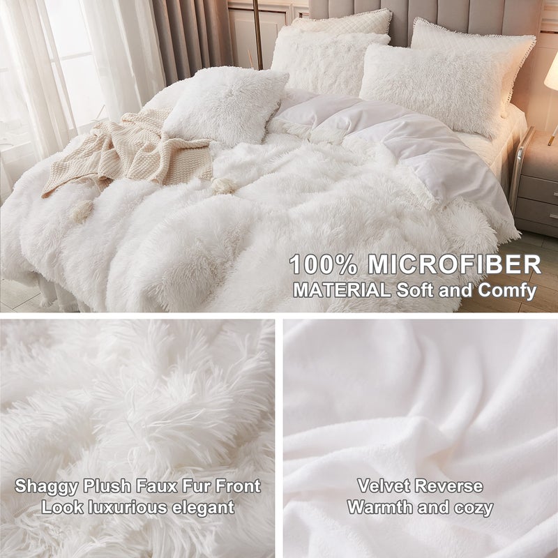 annadaif Plush White Queen Duvet Cover, Fluffy Soft Faux Fur Velvet Comforter Cover, Luxury Fuzzy Shaggy Bedding Sets 3 Pieces(1 Duvet Cover,2 Pillowcases), Zipper Closure - Image 4